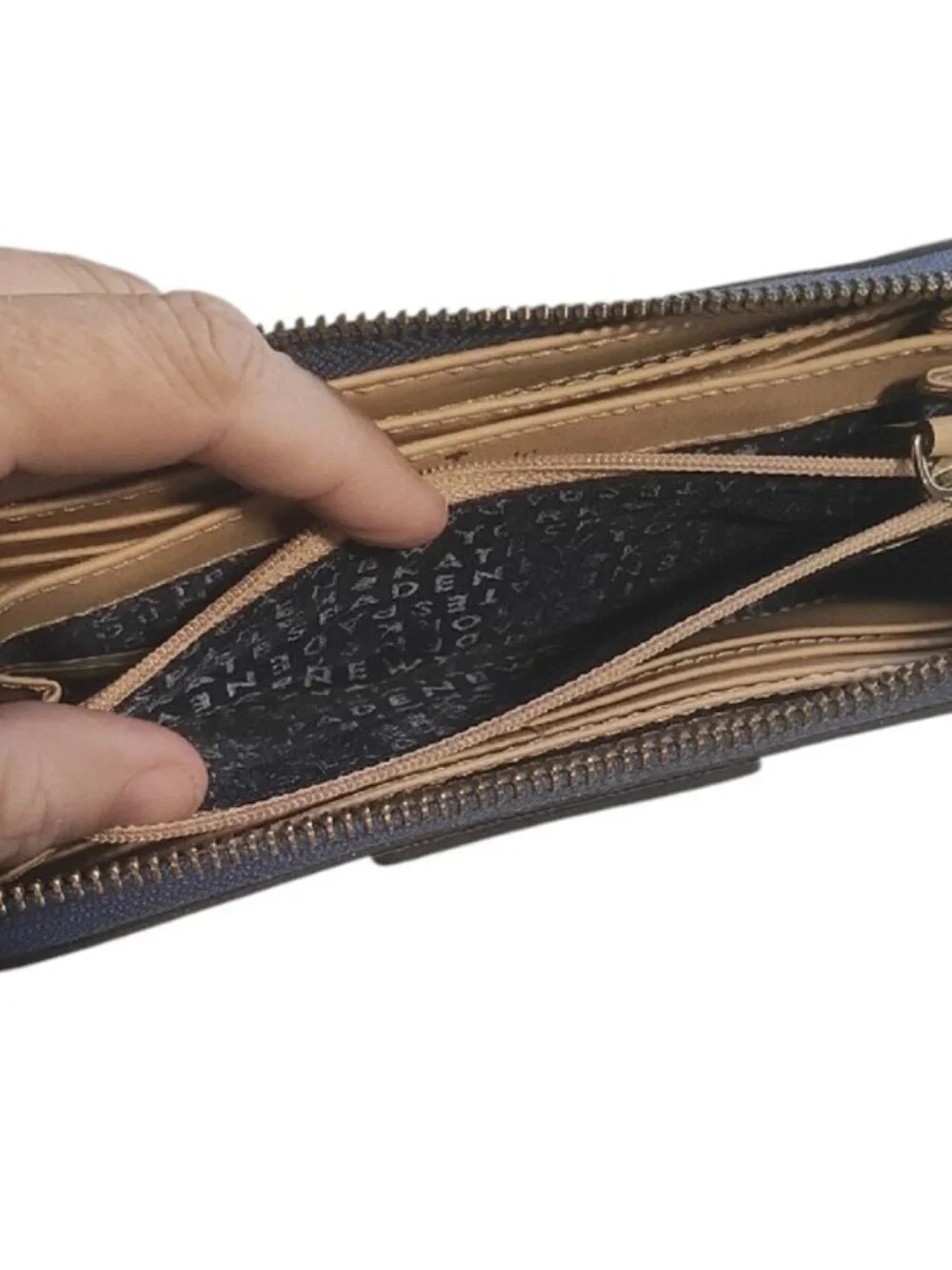 kate spade Blue Pebbled Leather Zip Wallet -callout on spine